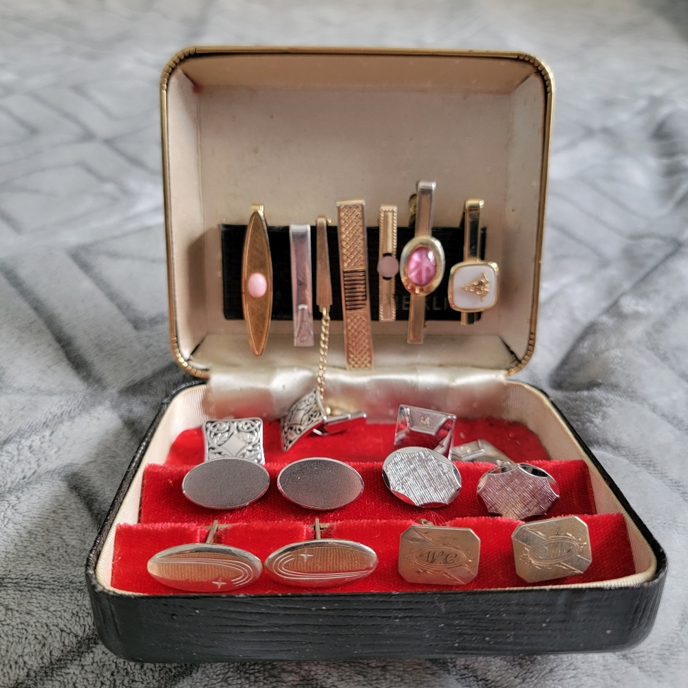 Vintage Mens Cufflinks And Tie Bar Clip Mixed Lot With Case Shank Shields Dante